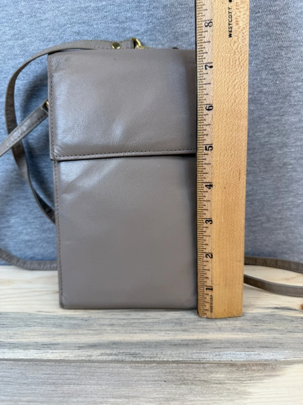 Genuine Leather Crossbody Slim Cell Phone Bag Gray Beige Taupe Detachable Strap